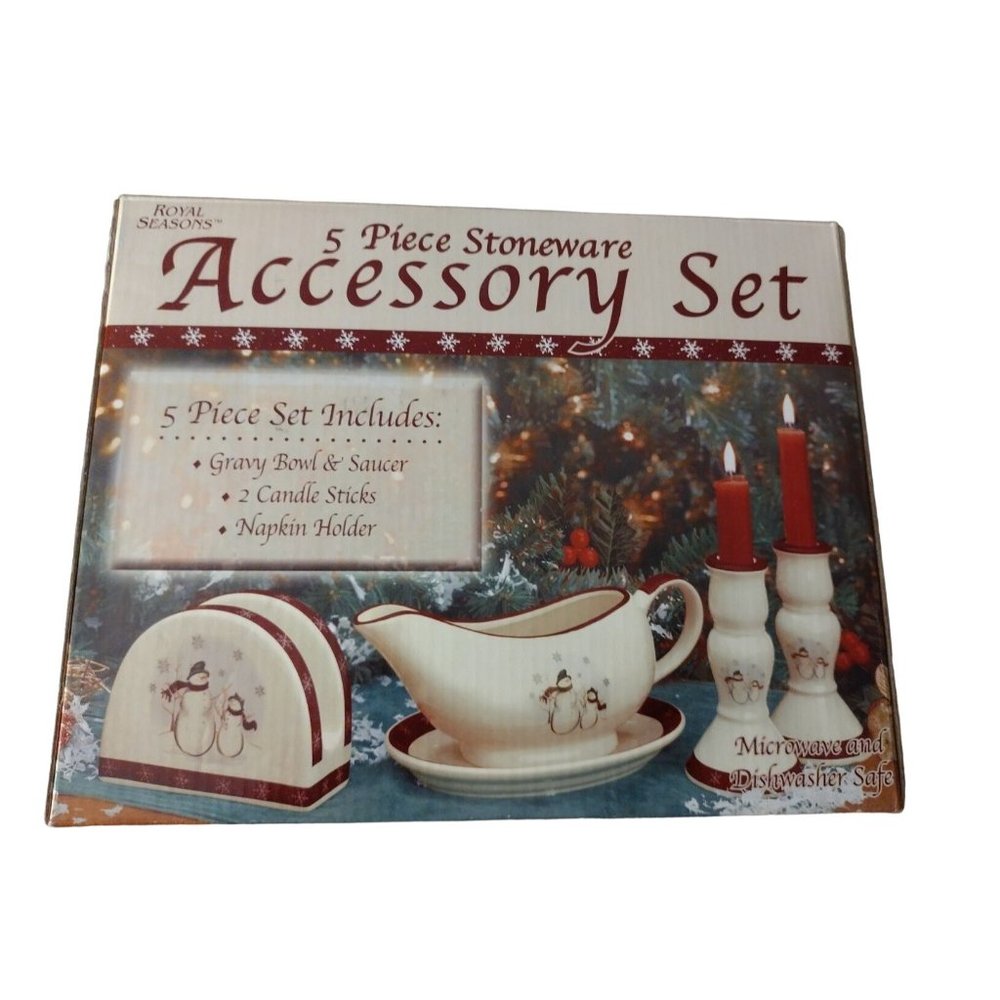 Royal Seasons 5 Piece Stoneware Snowman Accessory Set Candle Stick Napkin Holder